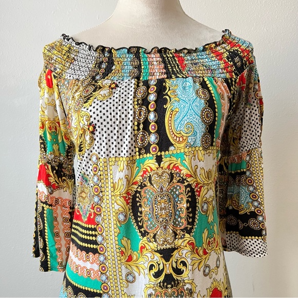 Boho Gypsy Trendy Multicolored Short Sleeve Off-shoulder Mini Dress - Picture 3 of 5